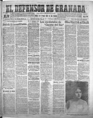 'El Defensor de Granada  : diario político independiente' - Año XLIV Número 19774  - 1922 Febrero 19