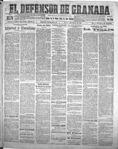 'El Defensor de Granada  : diario político independiente' - Año XLIV Número 19789  - 1922 Marzo 09