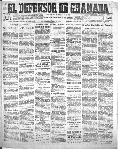 'El Defensor de Granada  : diario político independiente' - Año XLIV Número 19794  - 1922 Marzo 15