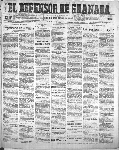 'El Defensor de Granada  : diario político independiente' - Año XLIV Número 19801  - 1922 Marzo 23