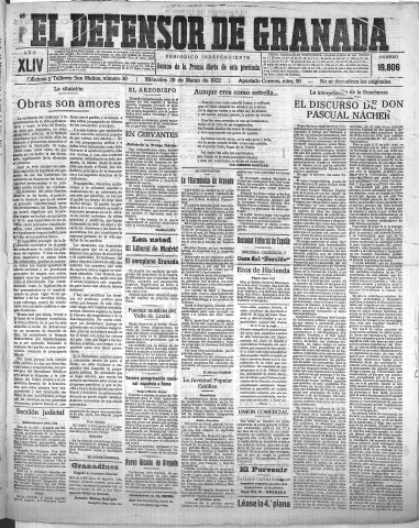 'El Defensor de Granada  : diario político independiente' - Año XLIV Número 19806  - 1922 Marzo 29