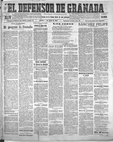 'El Defensor de Granada  : diario político independiente' - Año XLIV Número 19809  - 1922 Abril 01