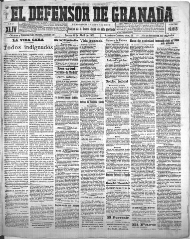 'El Defensor de Granada  : diario político independiente' - Año XLIV Número 19813  - 1922 Abril 06
