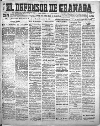 'El Defensor de Granada  : diario político independiente' - Año XLIV Número 19815  - 1922 Abril 08