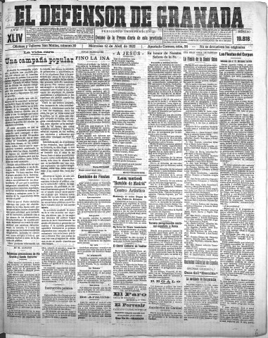 'El Defensor de Granada  : diario político independiente' - Año XLIV Número 19818  - 1922 Abril 12