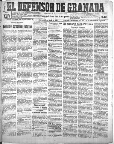 'El Defensor de Granada  : diario político independiente' - Año XLIV Número 19824  - 1922 Abril 20