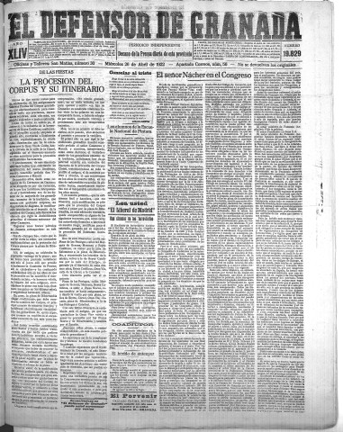 'El Defensor de Granada  : diario político independiente' - Año XLIV Número 19829  - 1922 Abril 26