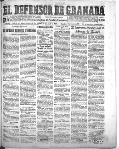 'El Defensor de Granada  : diario político independiente' - Año XLIV Número 19830  - 1922 Abril 27