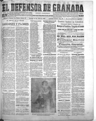 'El Defensor de Granada  : diario político independiente' - Año XLIV Número 19833  - 1922 Abril 30