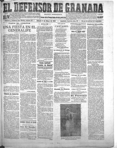 'El Defensor de Granada  : diario político independiente' - Año XLIV Número 19837  - 1922 Mayo 06