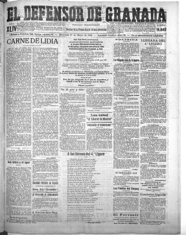 'El Defensor de Granada  : diario político independiente' - Año XLIV Número 19845  - 1922 Mayo 17