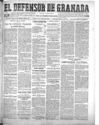 'El Defensor de Granada  : diario político independiente' - Año XLIV Número 19853  - 1922 Mayo 26