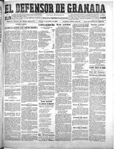 'El Defensor de Granada  : diario político independiente' - Año XLIV Número 19859  - 1922 Junio 02