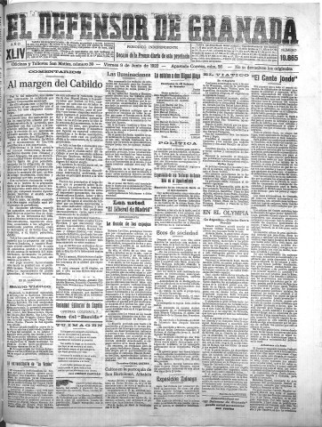 'El Defensor de Granada  : diario político independiente' - Año XLIV Número 19865  - 1922 Junio 09