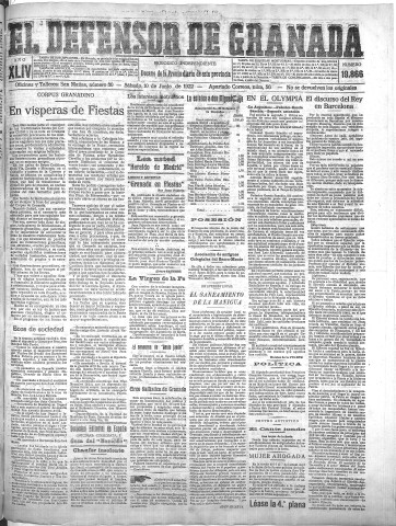 'El Defensor de Granada  : diario político independiente' - Año XLIV Número 19866  - 1922 Junio 10