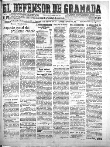 'El Defensor de Granada  : diario político independiente' - Año XLIV Número 19867  - 1922 Junio 11