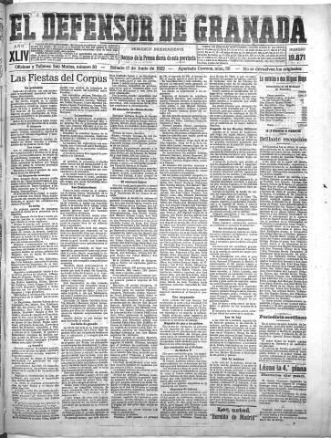 'El Defensor de Granada  : diario político independiente' - Año XLIV Número 19871  - 1922 Junio 17