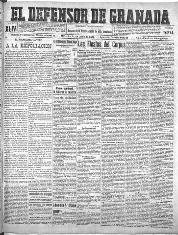 'El Defensor de Granada  : diario político independiente' - Año XLIV Número 19874  - 1922 Junio 21