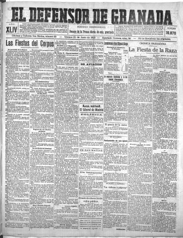 'El Defensor de Granada  : diario político independiente' - Año XLIV Número 19876  - 1922 Junio 23