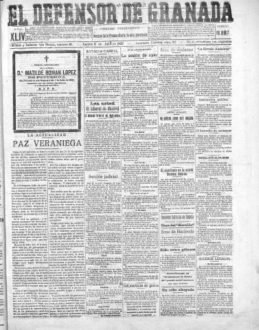 'El Defensor de Granada  : diario político independiente' - Año XLIV Número 19887  - 1922 Julio 06