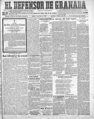 'El Defensor de Granada  : diario político independiente' - Año XLIV Número 19889  - 1922 Julio 08