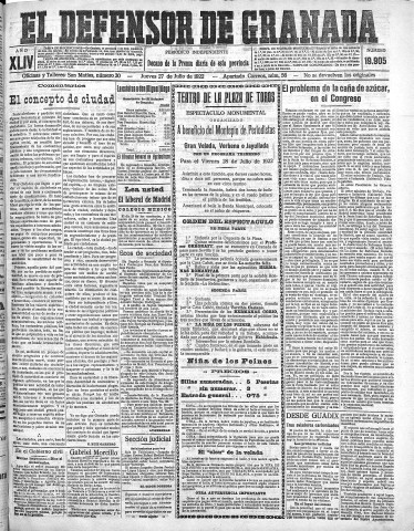 'El Defensor de Granada  : diario político independiente' - Año XLIV Número 19905  - 1922 Julio 27