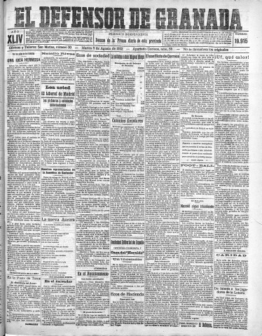 'El Defensor de Granada  : diario político independiente' - Año XLIV Número 19915  - 1922 Agosto 08
