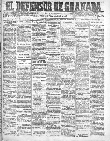 'El Defensor de Granada  : diario político independiente' - Año XLIV Número 19922  - 1922 Agosto 16