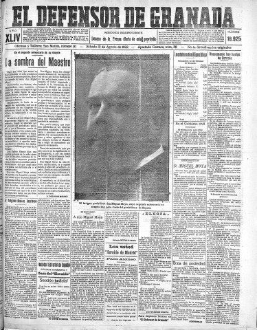 'El Defensor de Granada  : diario político independiente' - Año XLIV Número 19925  - 1922 Agosto 19