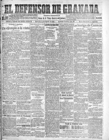 'El Defensor de Granada  : diario político independiente' - Año XLIV Número 19928  - 1922 Agosto 23