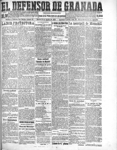 'El Defensor de Granada  : diario político independiente' - Año XLIV Número 19933  - 1922 Agosto 29
