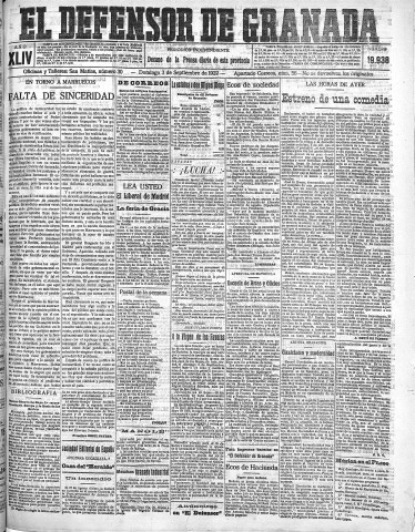 'El Defensor de Granada  : diario político independiente' - Año XLIV Número 19938  - 1922 Septiembre 03