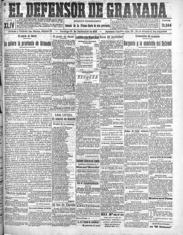 'El Defensor de Granada  : diario político independiente' - Año XLIV Número 19944  - 1922 Septiembre 10
