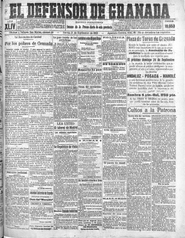 'El Defensor de Granada  : diario político independiente' - Año XLIV Número 19953  - 1922 Septiembre 21
