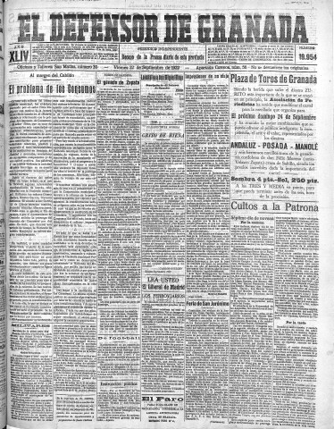 'El Defensor de Granada  : diario político independiente' - Año XLIV Número 19954  - 1922 Septiembre 22