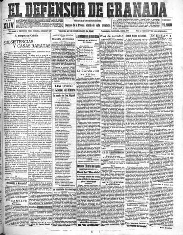 'El Defensor de Granada  : diario político independiente' - Año XLIV Número 19960  - 1922 Septiembre 29