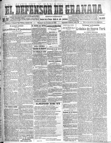 'El Defensor de Granada  : diario político independiente' - Año XLIV Número 19966  - 1922 Octubre 06