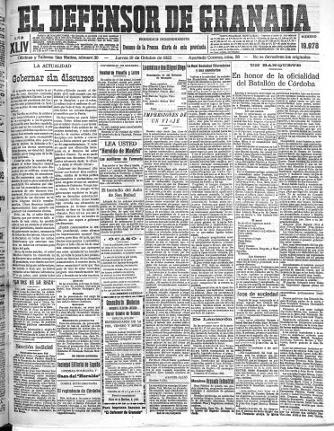 'El Defensor de Granada  : diario político independiente' - Año XLIV Número 19978  - 1922 Octubre 19