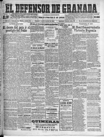 'El Defensor de Granada  : diario político independiente' - Año XLIV Número 20000  - 1922 Noviembre 14
