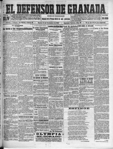 'El Defensor de Granada  : diario político independiente' - Año XLIV Número 20006  - 1922 Noviembre 21