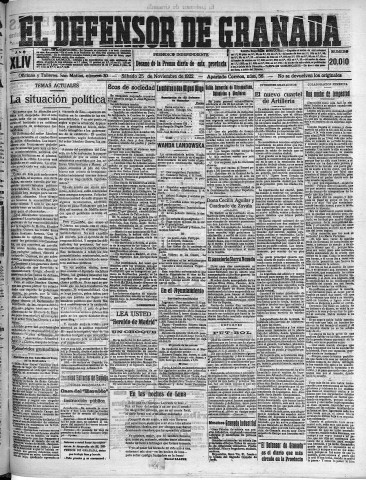 'El Defensor de Granada  : diario político independiente' - Año XLIV Número 20010  - 1922 Noviembre 25