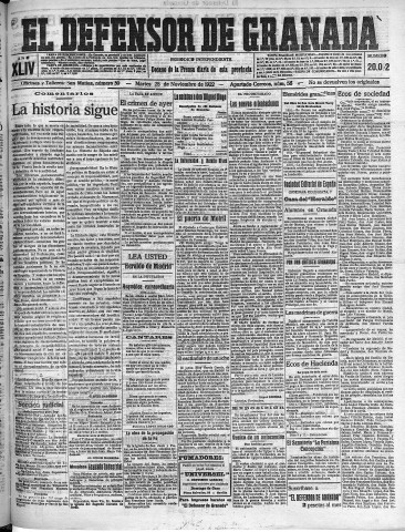 'El Defensor de Granada  : diario político independiente' - Año XLIV Número 20012  - 1922 Noviembre 28