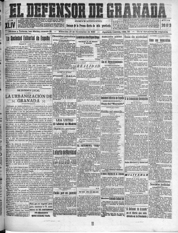 'El Defensor de Granada  : diario político independiente' - Año XLIV Número 20013  - 1922 Noviembre 29