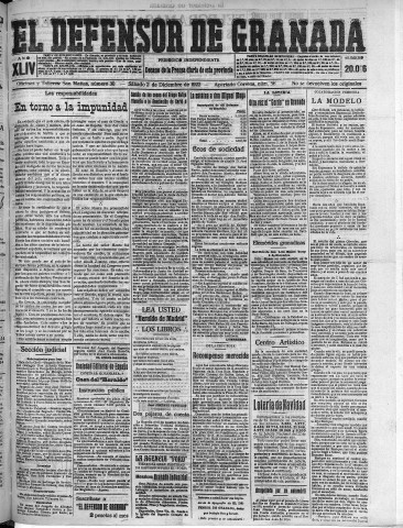 'El Defensor de Granada  : diario político independiente' - Año XLIV Número 20016  - 1922 Diciembre 02
