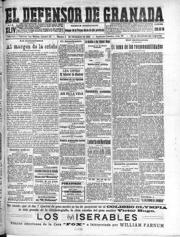 'El Defensor de Granada  : diario político independiente' - Año XLIV Número 20018  - 1922 Diciembre 05