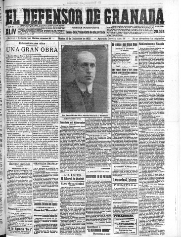 'El Defensor de Granada  : diario político independiente' - Año XLIV Número 20024  - 1922 Diciembre 12
