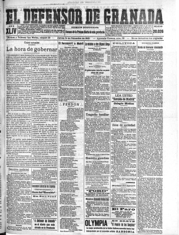 'El Defensor de Granada  : diario político independiente' - Año XLIV Número 20026  - 1922 Diciembre 14