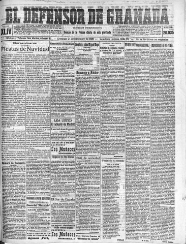 'El Defensor de Granada  : diario político independiente' - Año XLIV Número 20035  - 1922 Diciembre 24