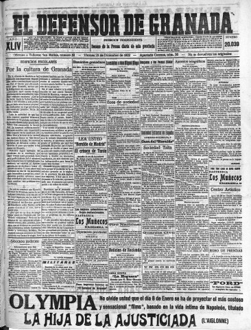 'El Defensor de Granada  : diario político independiente' - Año XLIV Número 20039  - 1922 Diciembre 29