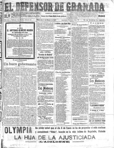 'El Defensor de Granada  : diario político independiente' - Año XLV Número 20043  - 1923 Enero 03
